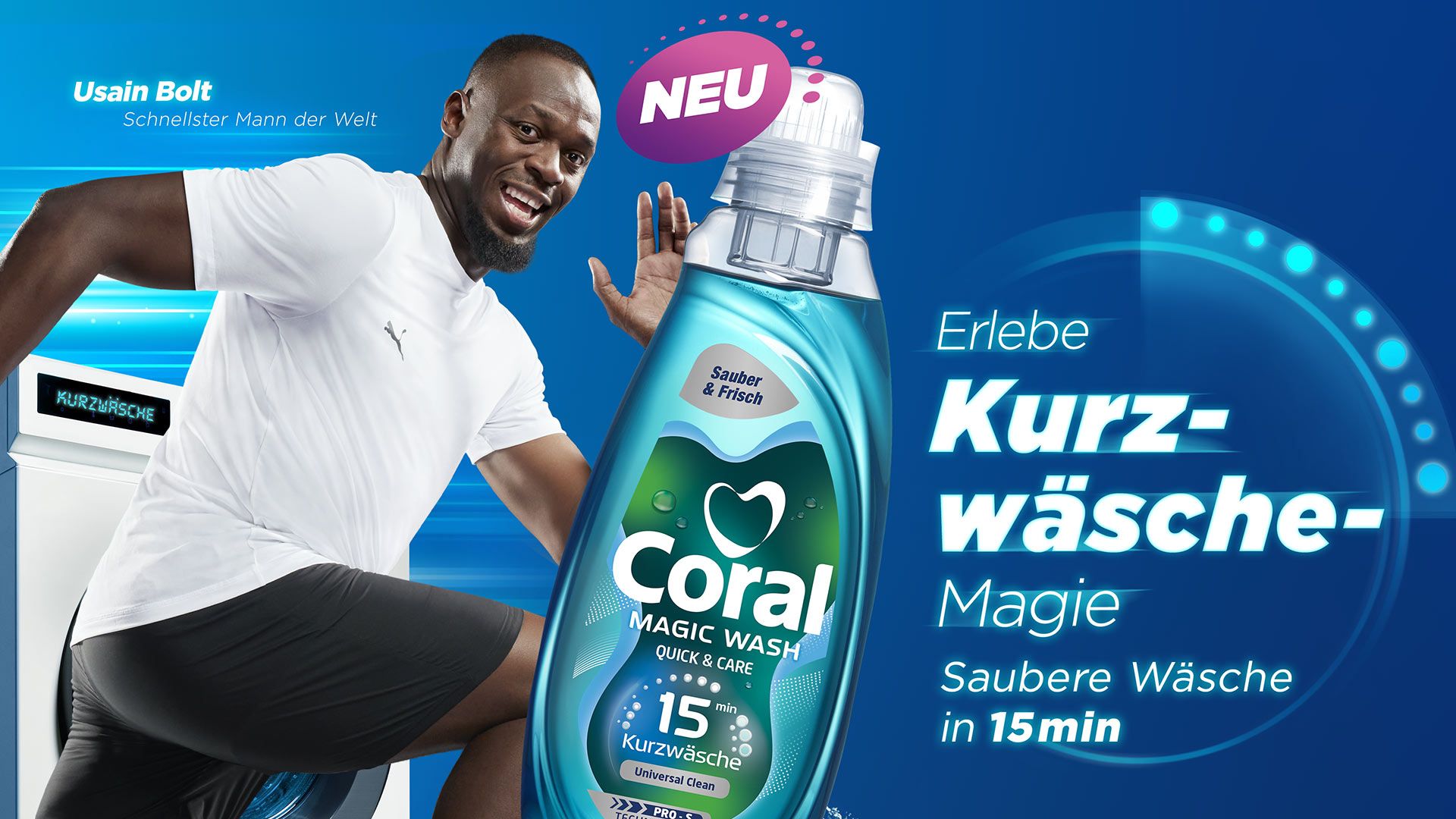 Kampagnen-Bild mit einer Coral Magic Wash Flasche in der Mitte, links davon Testimonial Usain Bolt