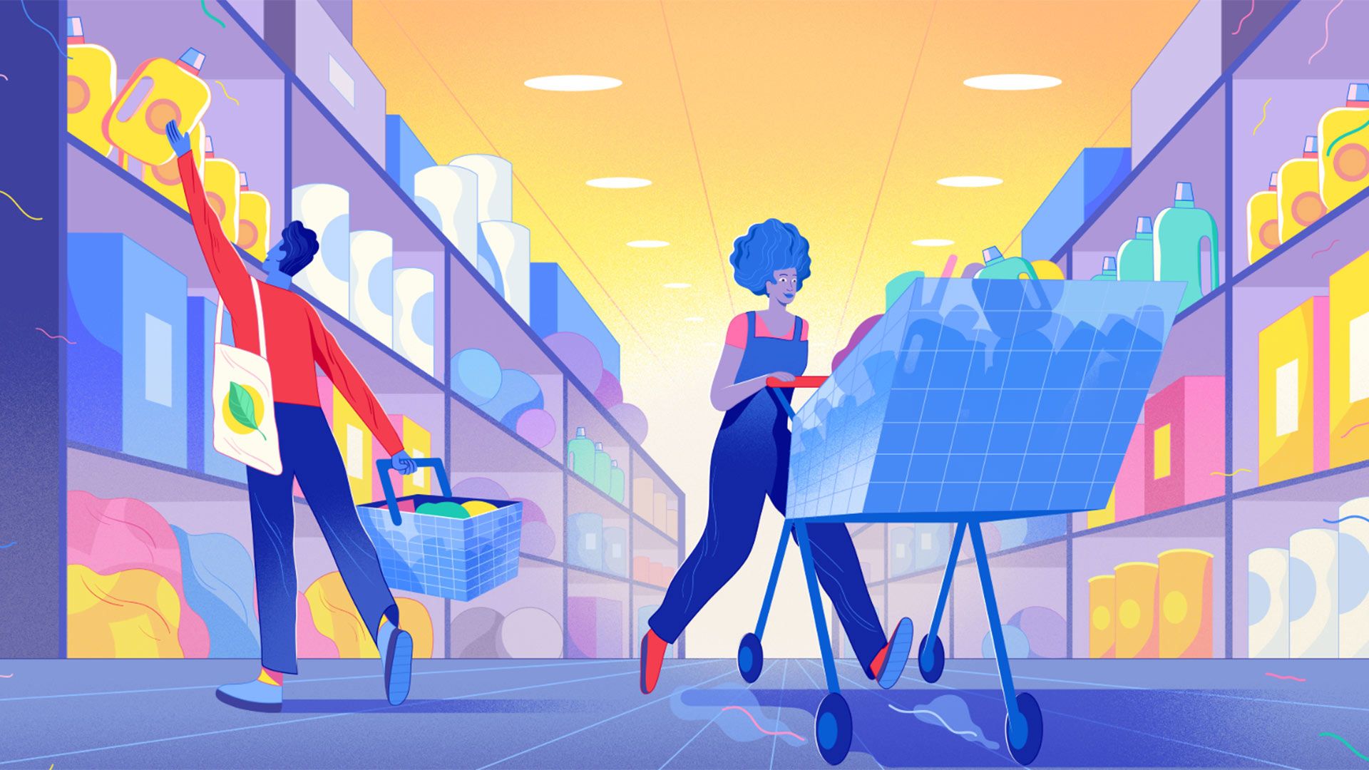 Illustration eines Supermarkts, links ein Mann, der in ein Regal greift, rechts eine Frau, die einen Einkaufswagen schiebt.