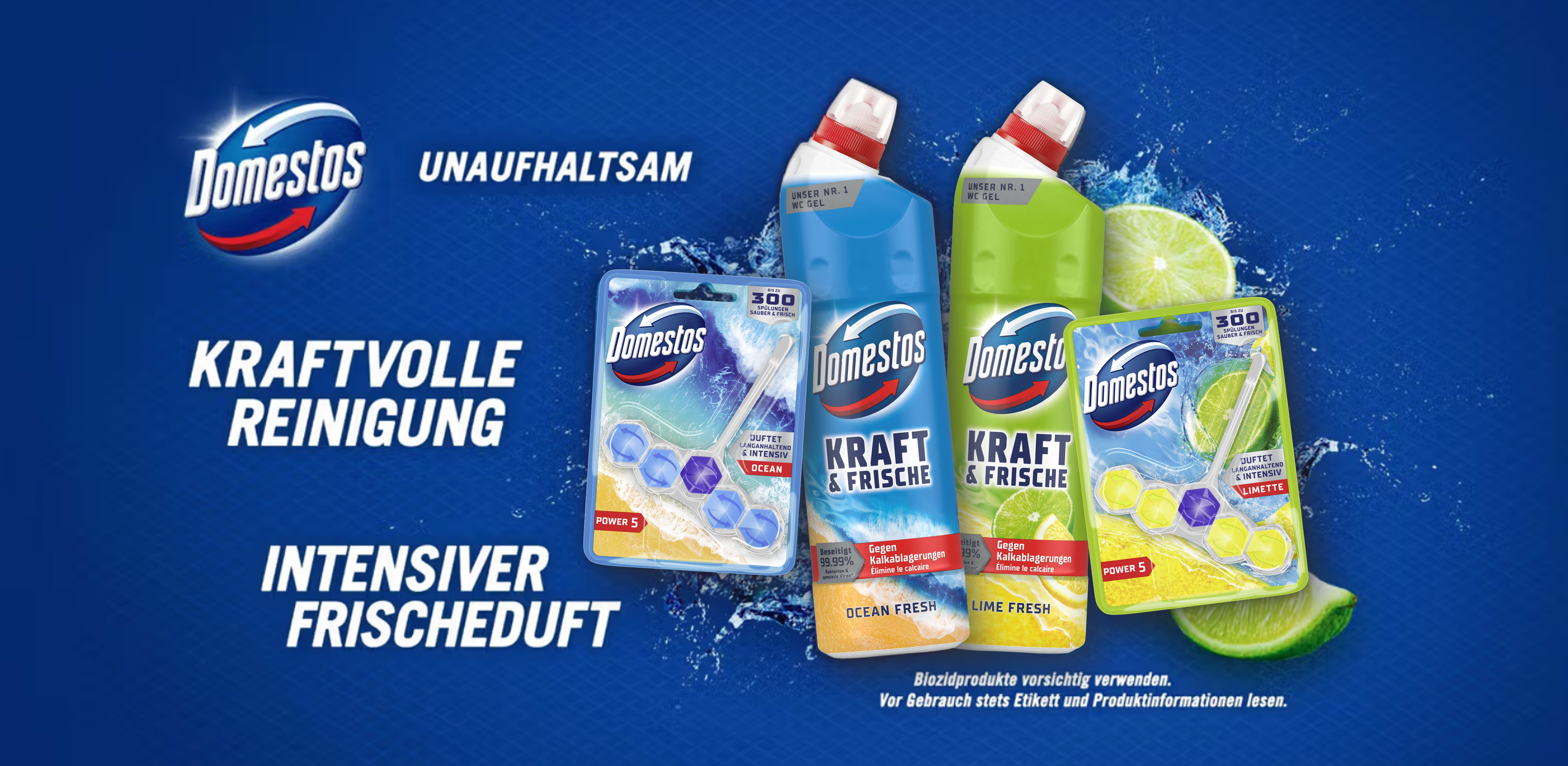 Die Domestos-Produktpalette auf blauem Hintergrund.