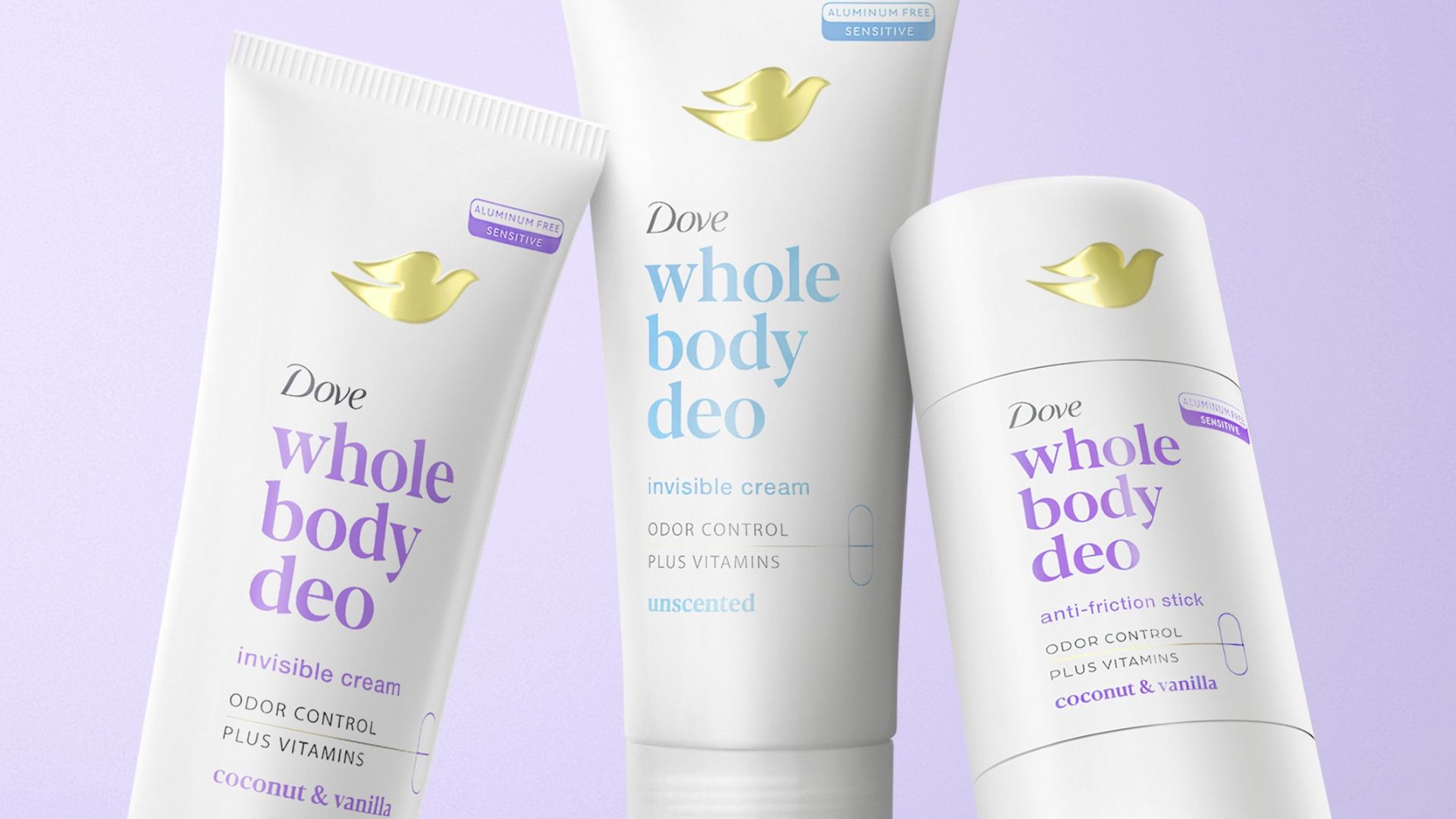 Aufnahme dreier Ganzkörper-Deodorants von Dove: Creme, Stick und Spray. Die Verpackung ist weiß mit in Pastellfarben gehaltener Beschriftung.