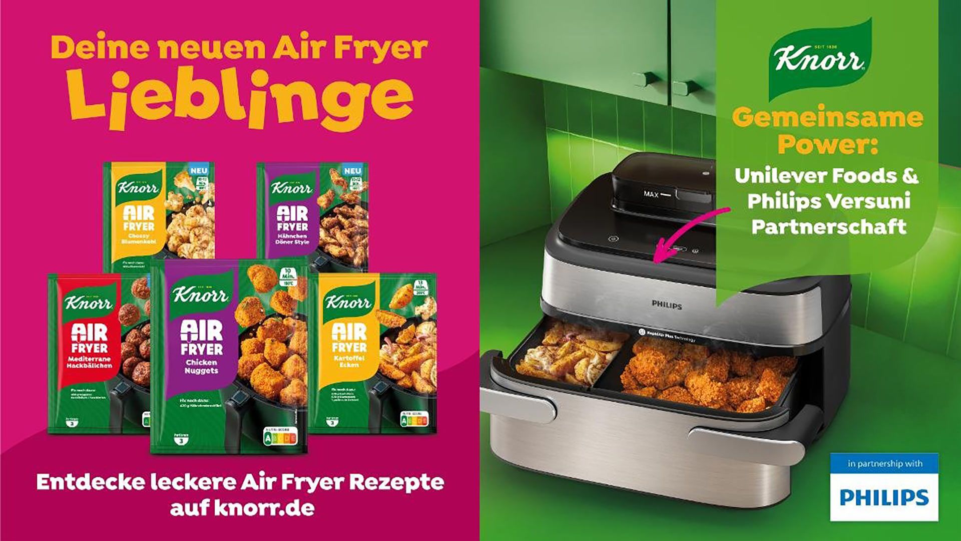 Links Abbildungen der Knorr Airfryer Fix-Produkte, rechts ein Philips Airfryer mit offener Schublade, in der ein fertig zubereitetes Gericht zu sehen ist.