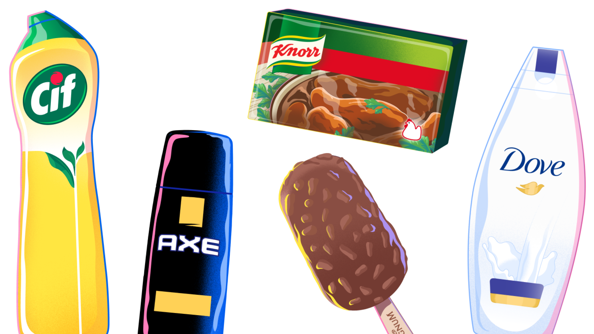 Illustration einiger Unileverprodukte vor pinkem Hintergrund.