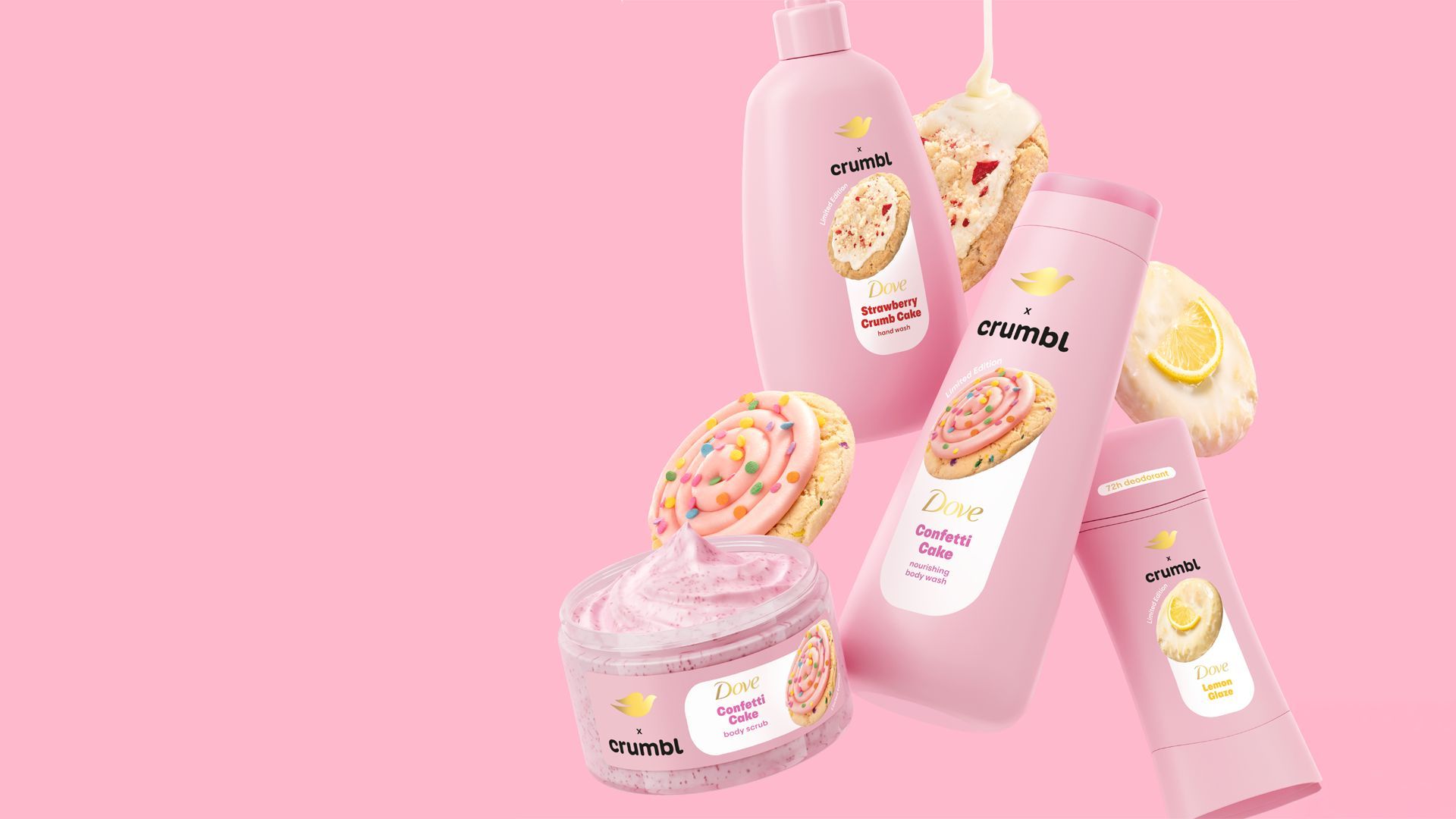 Ein Bild der Crumbl-Produkte von Dove, darunter Strawberry Crumb Cake, Confetti Cake und Lemon Glaze, vor einem rosafarbenen Hintergrund.