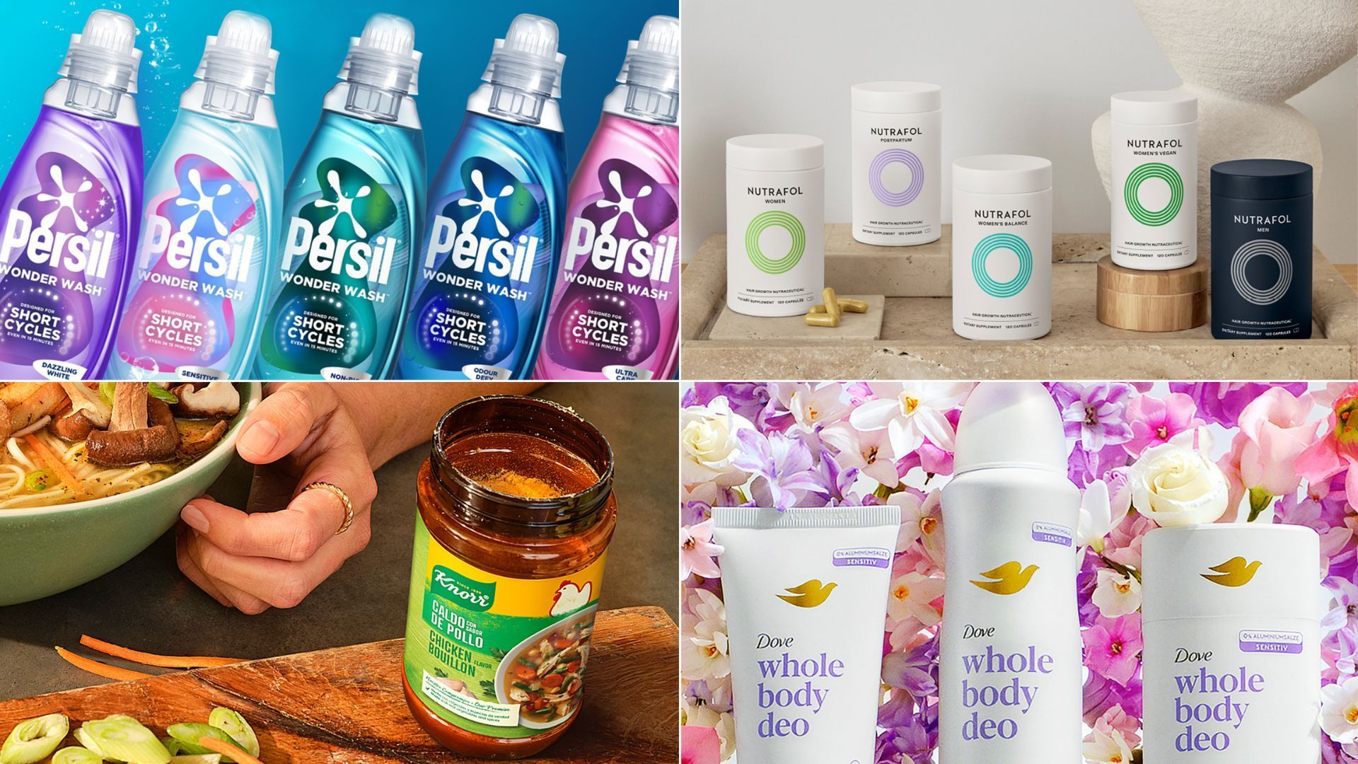 Eine vierteilige Collage mit verschiedenen Unilever-Produkten: fünf bunte Waschmittel-Flaschen mit Persil Wonder Wash; fünf Dosen mit Nutrafol-Nahrungsergänzungsmittel vor einem beigen Hintergrund; ein Glas Knorr Bouillon mit einer Bowl links daneben sowie drei Dove Whole Body Deo-Produkte mit rosa und weißen Blumen im Hintergrund.