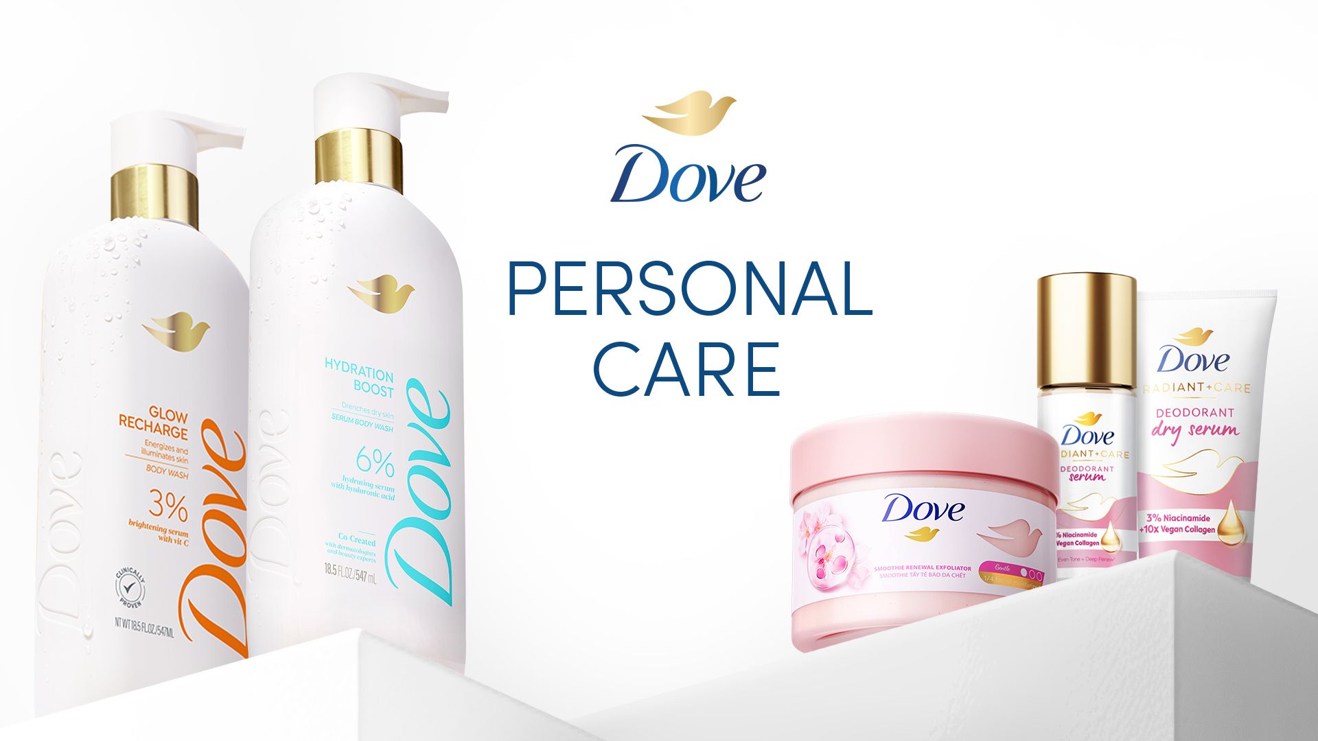 Banner mit dem Schriftzug „Personal Care“, flankiert von hochwertigen Duschgel-Flaschen und einer Auswahl aus der Dove-Serum-Serie.