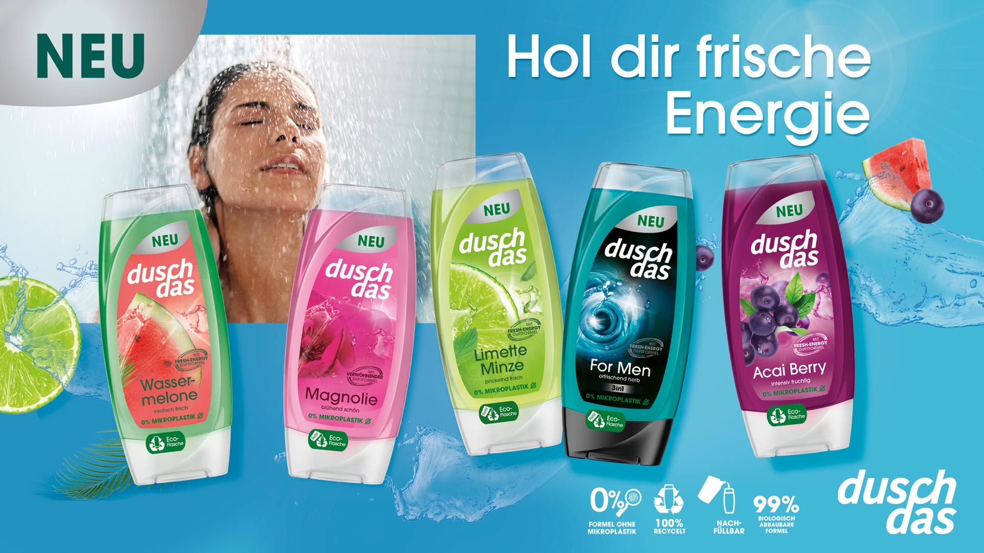 Fünf Duschgel-Flaschen der Marke duschdas, im Hintergrund eine Frau unter der Dusche.