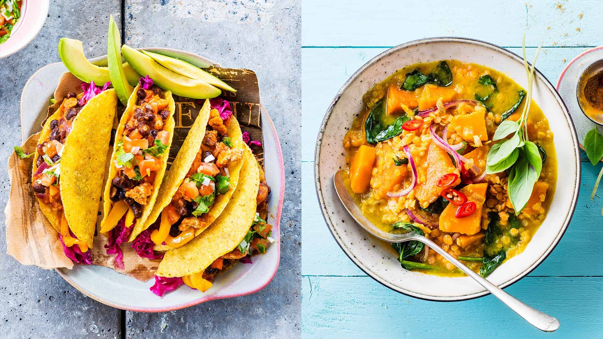 Zwei Teller nebeneinander mit leckeren vegetarischen Gerichten