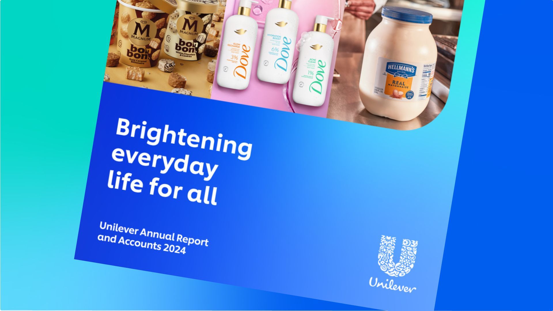 Das Cover des Unilever-Geschäftsberichts und der Bilanzen für 2024 zeigt Markenbilder von Magnum, Dove und Hellmann’s