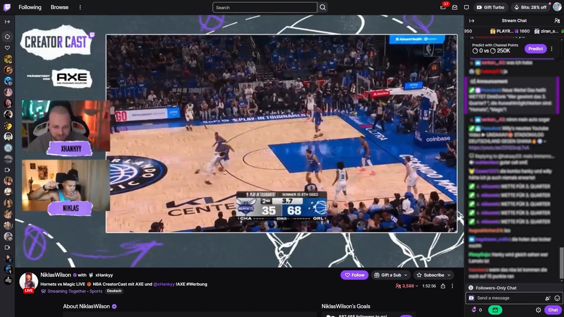 Screenshot des von Axe gesponserten Twitch NBA CreatorCast mit dem Live-Bild in groß und dem Chat-Fenster auf der rechten Seite.