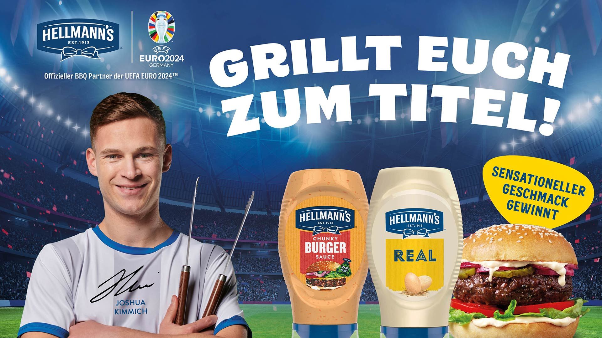 Joshua Kimmich und Burger mit Stadion im Hintergrund. Hellmann’s und Knorr sind offizielle BBQ-Partner der UEFA EURO 2024TM.