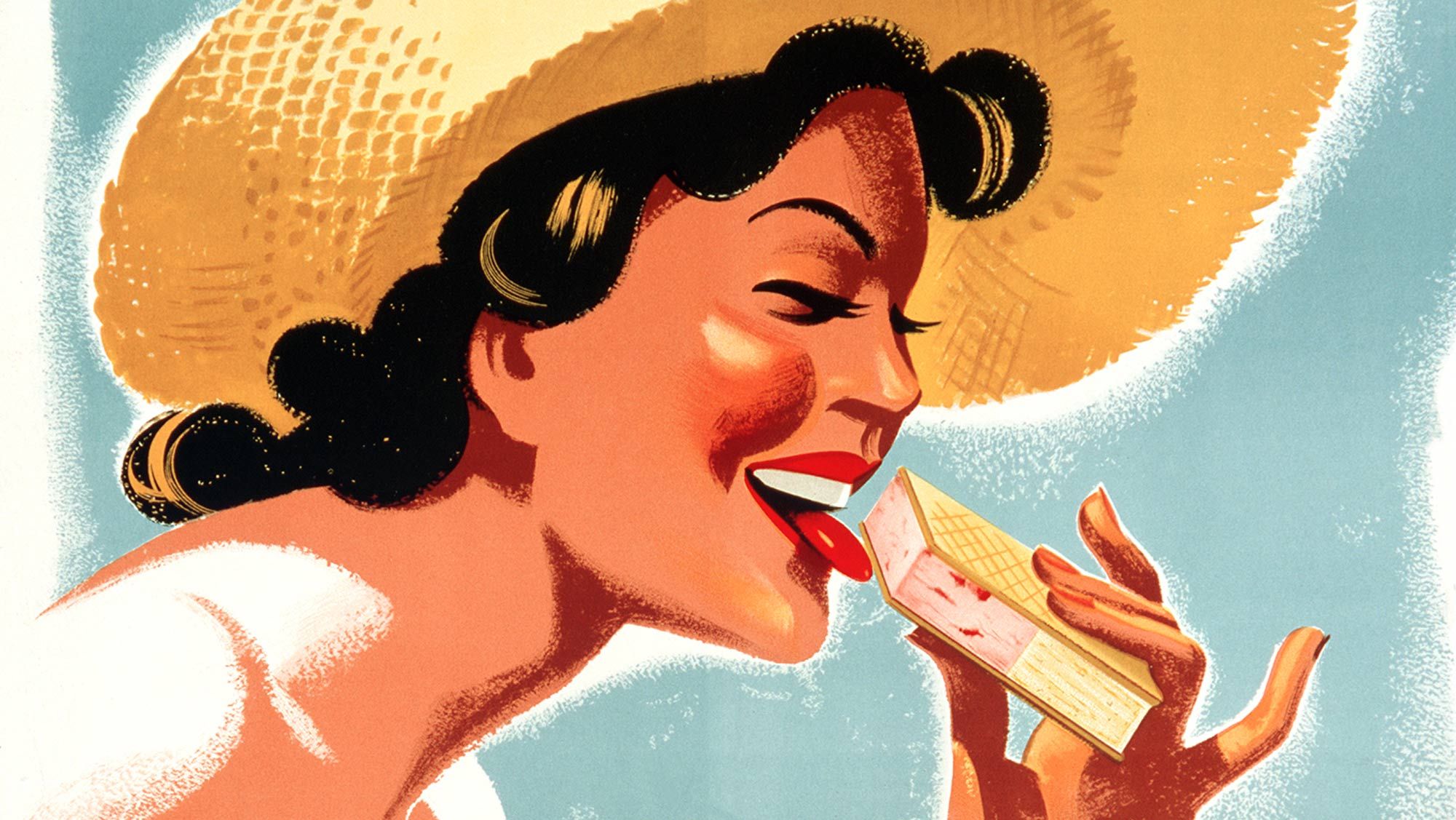 Eine historische Eiswerbung mit einer Frau mit längeren Haaren und Hut, die an einem Langnese-Eis schleckt.